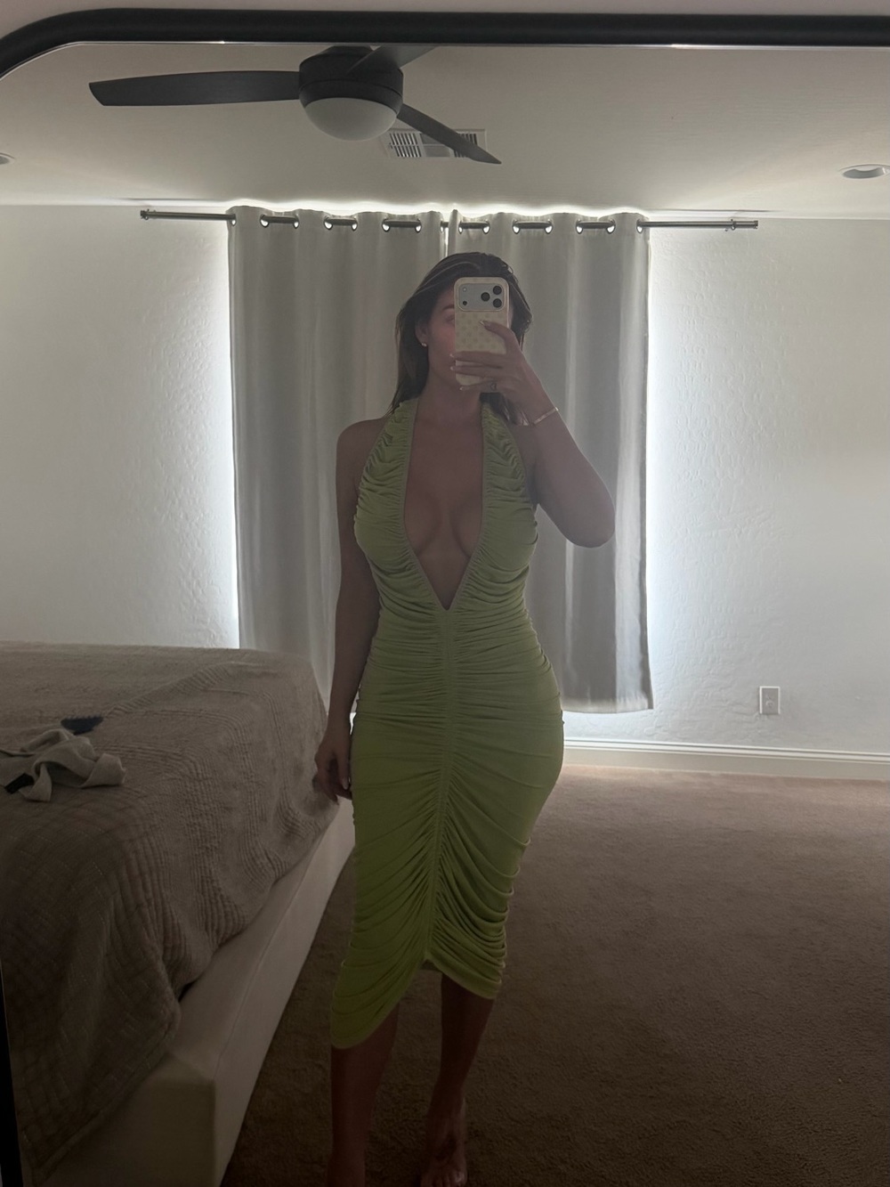 Ruched Backless Halter Maxi Dress in Sage Green
